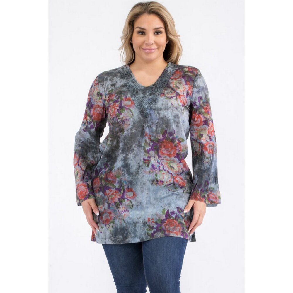 Vintage Goa Vintage Dark Blue Floral Tunic with Lace Appliqué Cottage Core Boho